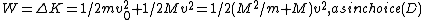 W=\Delta K = 1/2 m v_0^2 + 1/2 M v^2 = 1/2( M^2/m +M )v^2, as in choice (D)